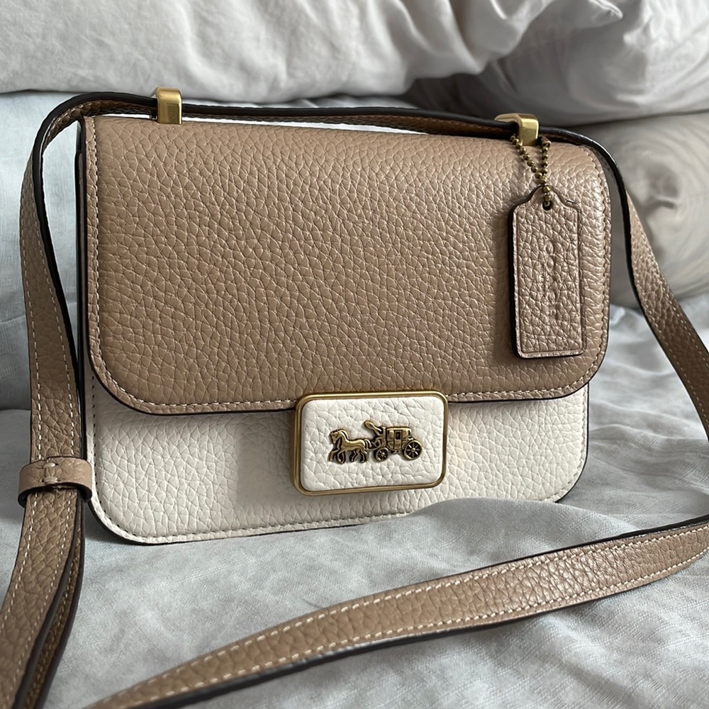 Coach Alie beige and white color block crossbody bag